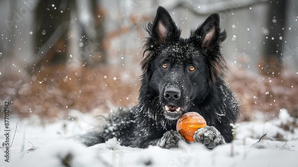 Fototapeta In a winter landscape, the Belgian Groenendael Shepherd passionately chases his toy through the snow, his elegant posture and agility expressing his natural intelligence and energy.