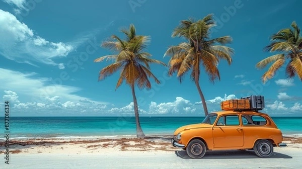 Fototapeta Vintage Car on Tropical Beach with Palm Trees and Luggage - Generative AI