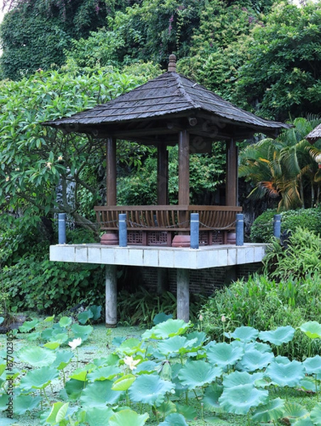 Fototapeta Lotus flowers and ancient Chinese architecture in summer lake