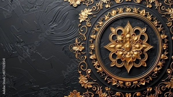 Obraz Create a template with intricate gold Thai patterns on a black background, ensuring plenty of copy space and an elegant layout