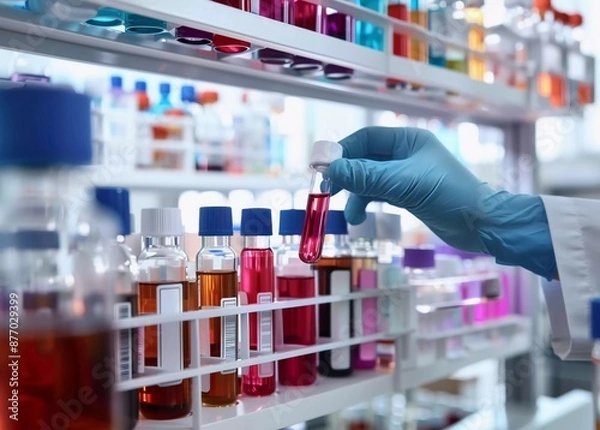 Fototapeta A hand in blue gloves holding up a test tube with red liquid and colorful tubes on the rack, against a laboratory background