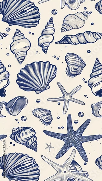 Fototapeta Hand-Drawn Sea Shells, Fossils, Starfish, Corals, Seaweeds, Waves Abstract Vector Seamless Pattern. Summer Beach Seaside Print. Ocean Fashion Textile Blue, White Background.