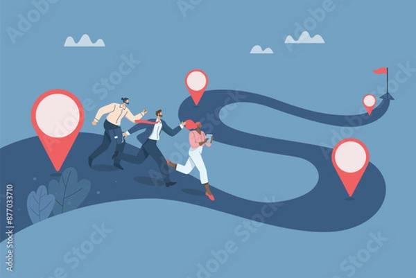 Fototapeta Work process or work process, Timeline to success, Roadmap, Project planning, Timeline, Progress in business, Team of business people running on a timeline, tracking and reviewing projects.