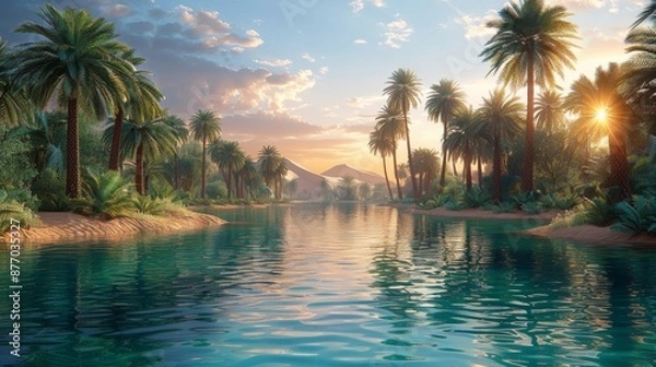 Fototapeta Scenic Oasis with Palm Trees at Sunset - Generative AI