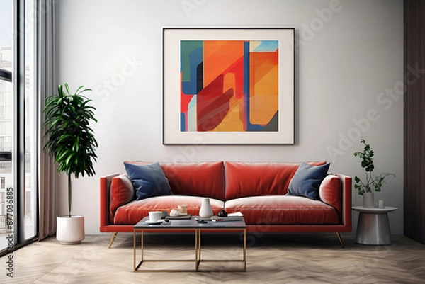 Fototapeta Luxury living room interior with white walls wooden floor comfortable sofa with pillows and table Mockup poster frame 
