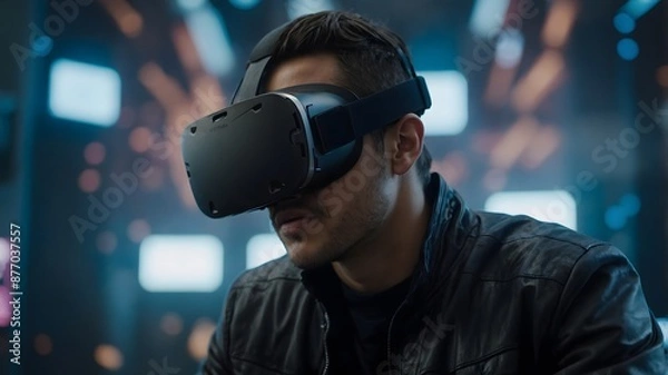 Fototapeta A person using virtual reality goggles, immersed in a digital world