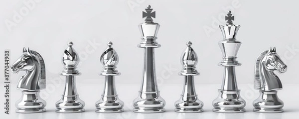 Fototapeta Complete Set of Silver Chess Pieces on a Pristine Background - A Display of Tactical Elegance - Generative AI