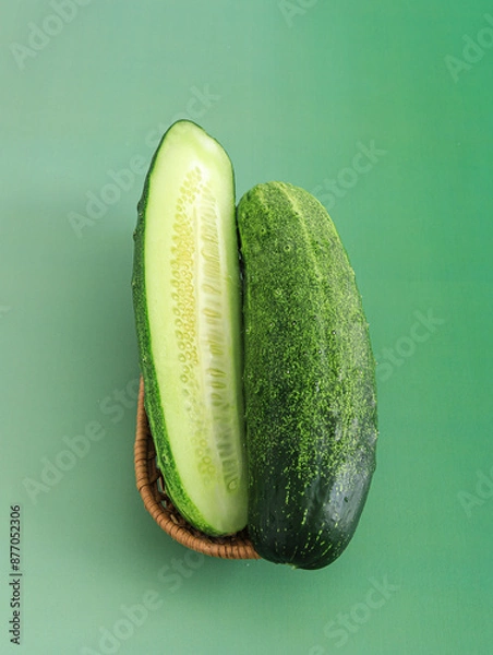 Obraz Fresh vegetable cucumber on green background