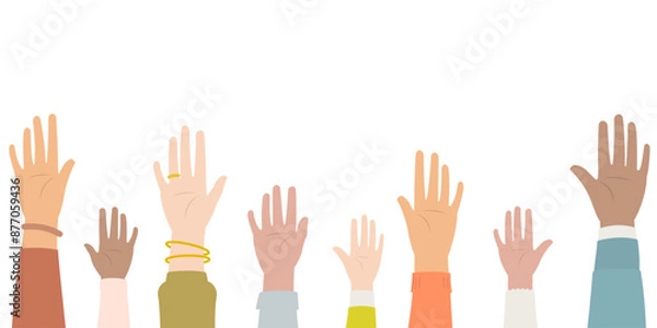 Fototapeta Hands of diverse people with colorful sleeves raising and showing palm of the hands in flat design