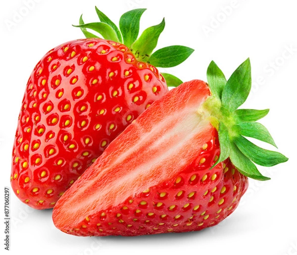 Fototapeta Strawberry on transparent background. PNG format. Strawberry with a half isolated png. Two sliced strawberries with no background. Full depth of field.