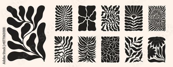 Fototapeta Groovy abstract flower posters. Floral doodle naive patterns. Contemporary matisse style. Trendy vector set.