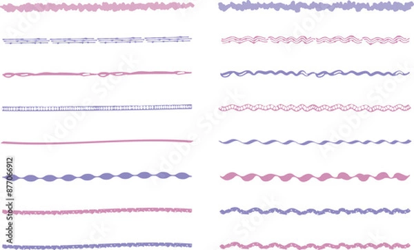 Fototapeta イラスト素材：ライン素材のあしらい　手書きのシンプルでかわいい罫線　ピンク　紫. simple hand draw borders