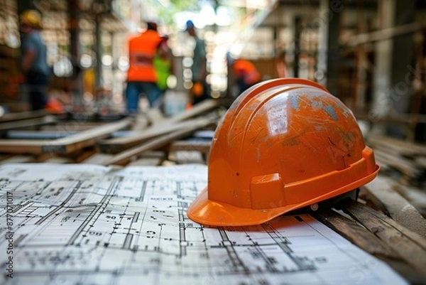 Obraz Hard Hat on Blueprint - Construction Safety