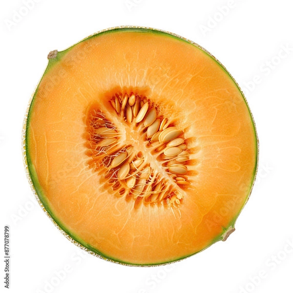 Fototapeta A high-resolution image of a ripe cantaloupe melon cut in half, displaying the seeds and vibrant orange flesh isolated on a white background.