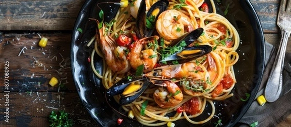Fototapeta Seafood pasta with chili and corn displayed on a wooden table with a black plate featuring spicy spaghetti peppered with shrimp and mussels. Copy space image available.