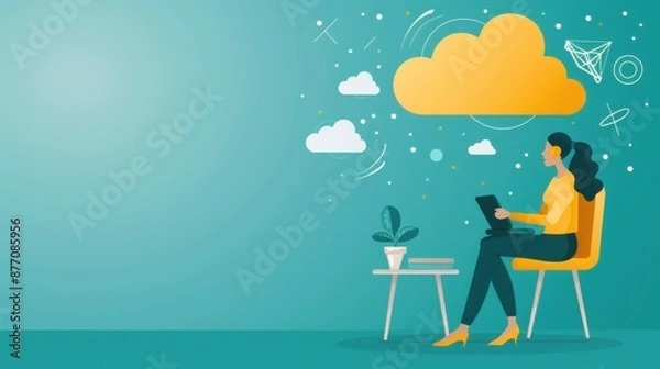 Fototapeta Reflective thinking, person writing in a journal with thought clouds, flat design illustration
