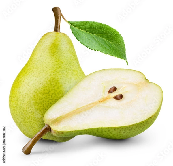 Fototapeta Pear with leaf isolated png. Green pear with a half on transparent background. PNG format. Pear with slice no background. Full depth of field.