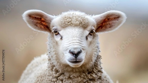 Fototapeta  A sharp image of a sheep's face with a softly blurred background of its head