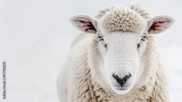 Fototapeta  A tight shot of a sheep's face, snow-covered mountain in the backdrop