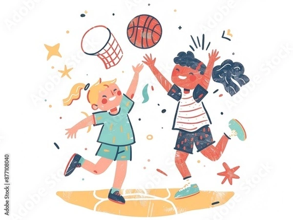 Obraz Cute kids playing basketball illustration on white. AI generated