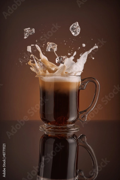 Fototapeta Ice cappuccino splash, refreshing mug of coffee on brown background.