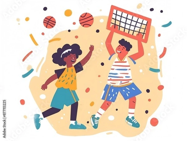 Obraz Cute kids playing basketball illustration on white. AI generated