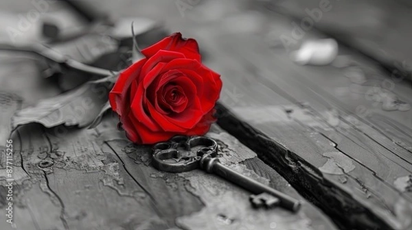 Obraz Red rose and key on wooden table in grayscale image symbolizing romance and love