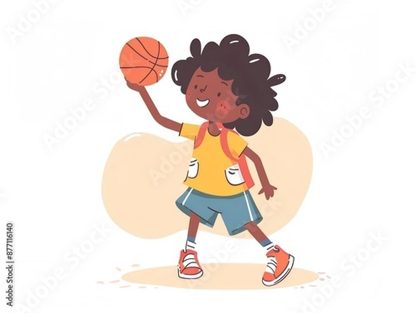 Obraz Cute child playing basketball illustration on white. AI generated