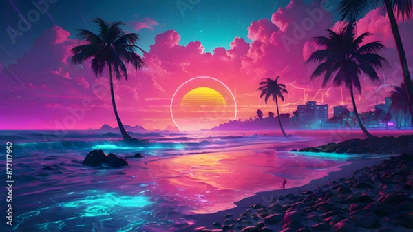 Fototapeta Aesthetic beach synthwave retrowave wallpaper with a cool and vibrant neon design, Generative AI