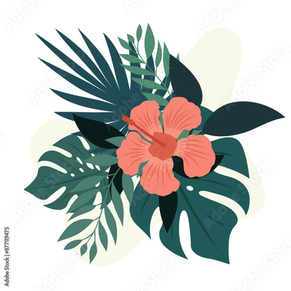 Obraz Botaniczna kompozycja z egzotycznymi elementami: liść monstery, palmy i hibiskus. Tropikalna ilustracja wektorowa.