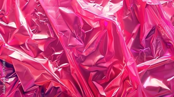 Fototapeta Vivid close-up of crumpled pink metallic foil texture background image. Wrinkled material photo backdrop wallpaper realistic. Abstract and energetic feel concept photorealistic