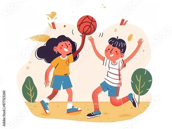 Obraz Cute kids playing basketball illustration on white. AI generated