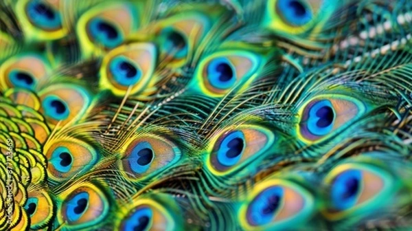 Fototapeta  A tight shot of a peacock's feathers, revealing the vibrant hues of its tail plumes