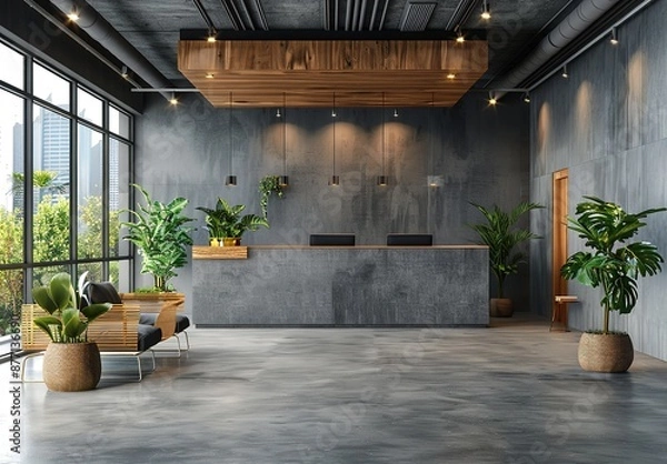 Fototapeta Modern Office Interior Design with Concrete Elements and Natural Light