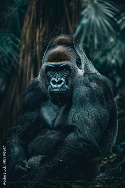 Fototapeta  A gorilla, facing sideways, sits amidst the forest with trees as a backdrop