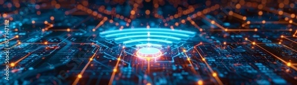 Fototapeta Abstract digital art with glowing lines and a blue center.