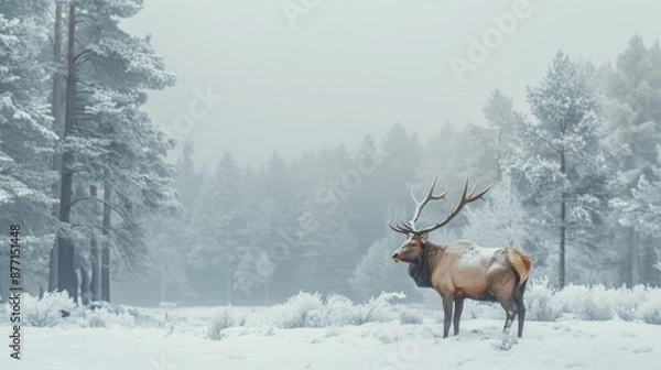 Fototapeta  A large elk stands in a snow-covered field, surrounded by trees in the background and enveloped by foggy air