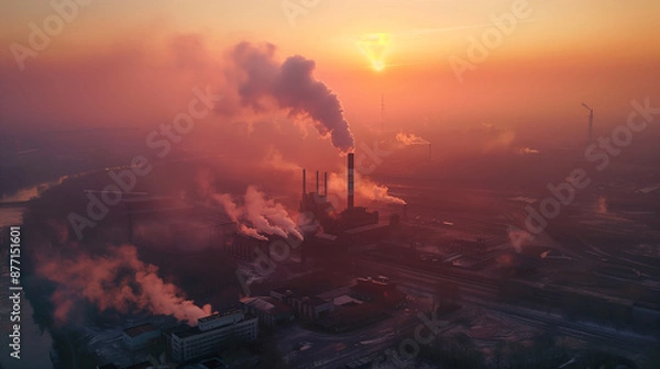 Fototapeta Smoke from a factory. Red sun obscured by smoke from metallurgical plant at dawn, bad ecology and smog spreading over the city, aerial view
