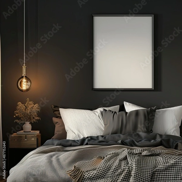 Obraz an empty square picture frame for mockup on a dark grey wall in a teenagers bedroom