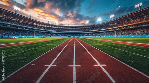 Obraz Dramatic night view of an athletics track in a large stadium, capturing the excitement with vibrant colors and cheering fans.






