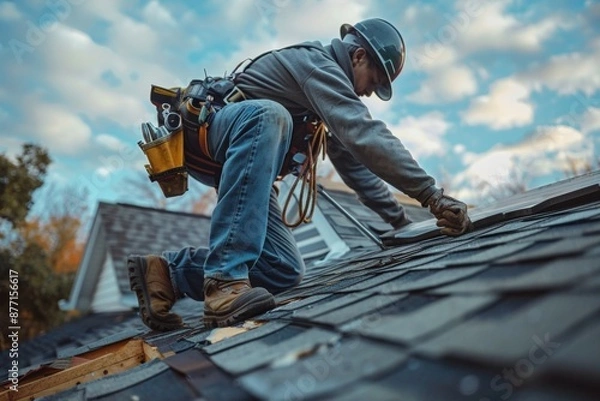 Fototapeta A professional roofer in safety gear, working on the roof of an apartment building under clear blue skies.