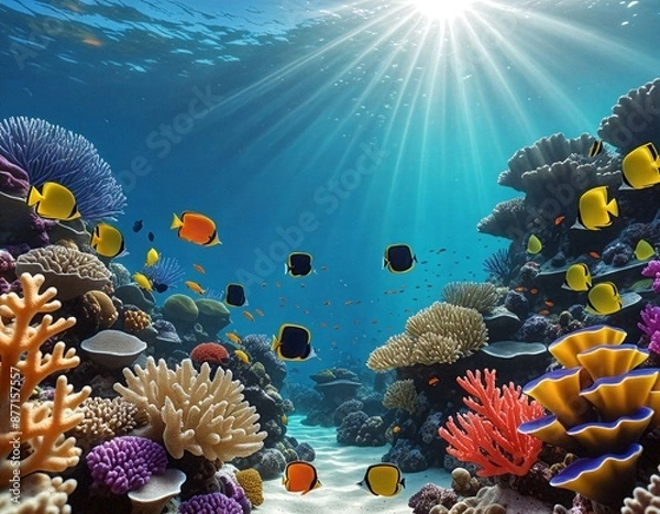 Fototapeta A stunning underwater scene featuring a diverse array of colorful coral and tropical fish. Sunlight penetrates the water, creating a radiant glow across the vibrant reef. The scene captures the beauty