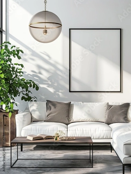 Obraz Photo of bright modern interior apartment with black frame a2 format wall mockup