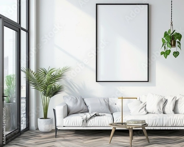 Fototapeta Photo of bright modern interior apartment with black frame a2 format wall mockup