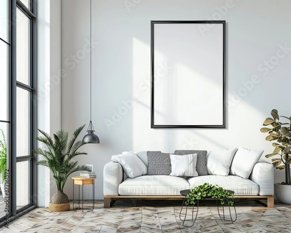 Fototapeta Photo of bright modern interior apartment with black frame a2 format wall mockup