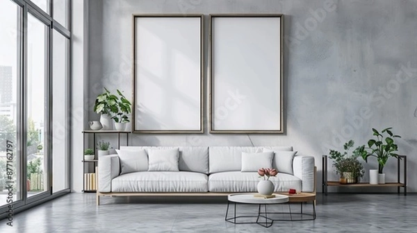 Obraz simple photography with banner material, living room concept of two large, standing rectangular photo frames, underneath there is a small shelf containing pots and flowers