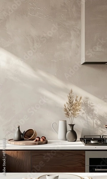 Obraz kitchen wall with light gray microcement texture, white marble countertop, beige cabinets, vase of dried flowers, sunlight creating beautiful shadows, simple yet elegant luxury interior design