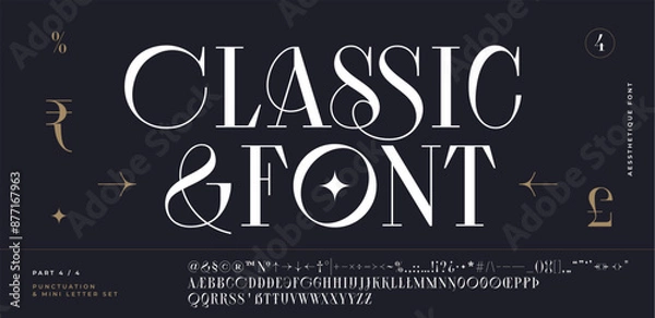 Fototapeta Classic serif font. Headline alphabet serif alphabet with graphic elements, sign, symbol, alternative letters. Classic creative serif font alphabet for design, typographic Vector Illustration