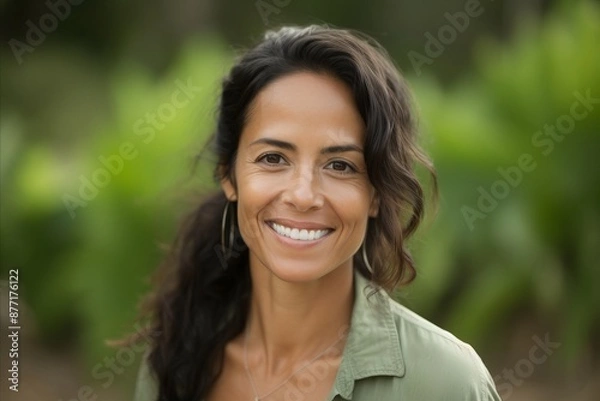 Fototapeta Close up portrait of a beautiful young woman smiling and looking at camera