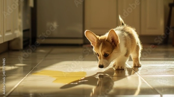 Fototapeta A curious Corgi puppy inspects a small yellow puddle on a sunlit kitchen floor